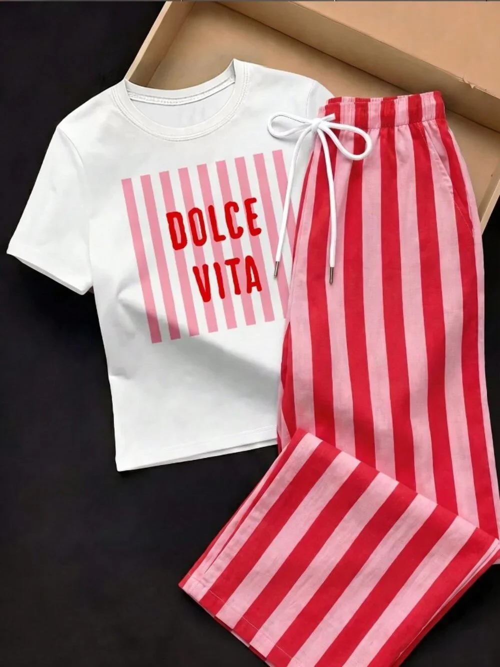 Multicolor Casual Women's Short Sleeve T-Shirt And Striped Pants Set